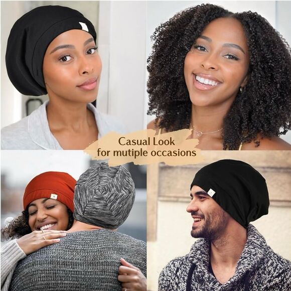 🤯5/$20🤯 Slouchy Beanie Hat Satin Lined Sleep Cap Satin Bonnet In Black - Picture 6 of 6